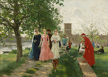 Dante meeting Beatrice, art, man, garden, dante, girl, people, pink, painting, red, raffaello sorbi, beatrice, pictura, couple HD wallpaper