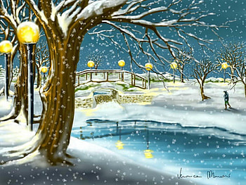 Walk in the snow, winter, walk, serenity, nice, quiet, snowflakes, painting, snow, trees, frost, frozen, art, beautiful, lake, park, bridge, nature, lantern, lovely, calmness, forest, ice HD wallpaper
