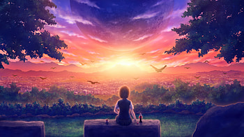 Anime Girl With Coke And Burger Silent Cityview, anime-girl, alone, coca-cola, burger, cityscape, birds, trees, artist, artwork, art, digital-art, pixiv HD wallpaper