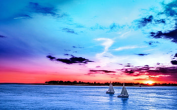Nature, Sunset, Sky, Sea, Horizon, Sailboats HD wallpaper