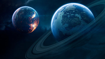 Blue planet, Orbital ring, Red planet, Stars galaxy HD wallpaper