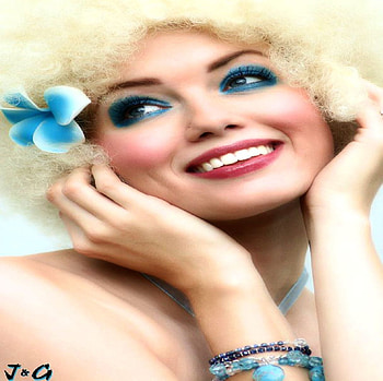BLUE MAKEUP, blue, makeup, smile, flower, happy, woman, beauty HD wallpaper