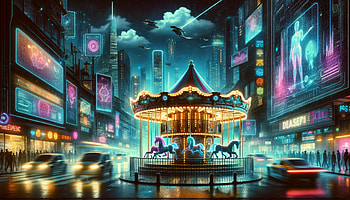 Futuristic City Carousel, carousel, carnival, neon lights, cityscape, futuristic HD wallpaper