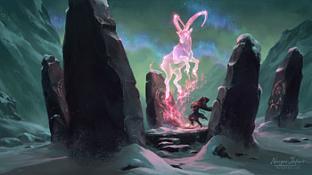 Ancestral spirit, pink, spirit, fantasy, art, deer, narges jafari, luminos, stones HD wallpaper