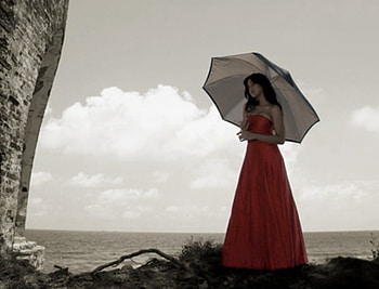 Lady in red, sea, umbrella, colors, dress, beautyful, woman, clouds, nature, wall, sky HD wallpaper