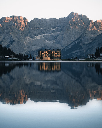 Mountains, Architecture, Building, Lake, Reflection, Miscellanea, Miscellaneous HD phone wallpaper
