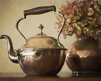 Cooper Kettle, dry flowers, still life, vase, kettle, cooper HD wallpaper