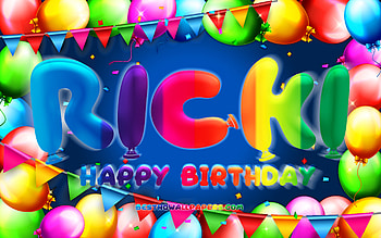 Happy Birtay Ricki, , colorful balloon frame, Ricki name, blue background, Ricki Happy Birtay, Ricki Birtay, popular german male names, Birtay concept, Ricki HD wallpaper
