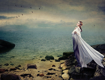 Beauty of the Sea, sea, sand, birds, rocks, wind, clouds, women, sky, water HD wallpaper