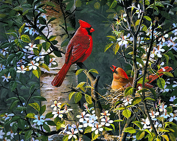 Spring bonding, birds, art, flowering, beautiful, spring, tree, gathering, pretty, freshness, branches, blooming, cardinals HD wallpaper
