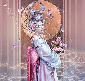 Japanese girl, japanese, frumusete, kimono, art, gorgeous, girl, superb, pink, fantasy, flower, luminos HD wallpaper