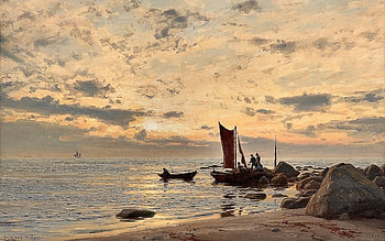 Norwegian Beach Side, sea, sunset, boats, beach HD wallpaper