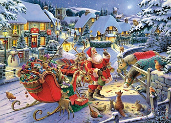 Santa's Sleigh, christmas, snow, village, winter, painting, houses HD wallpaper