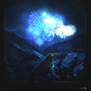 Night, Dark, Miscellanea, Miscellaneous, Bird, Fireworks, Firework, Raven HD phone wallpaper