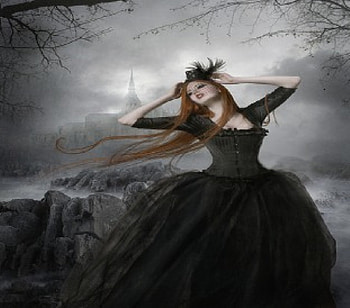 Goth Red Head, fog, red head, fantsy, castle, rocks, woman HD wallpaper