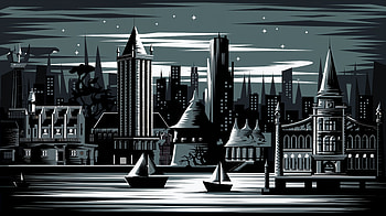Gotham City: Ultra of a Dark Urban Landscape, Gotham City, cityscape, skyline, boat, night HD wallpaper