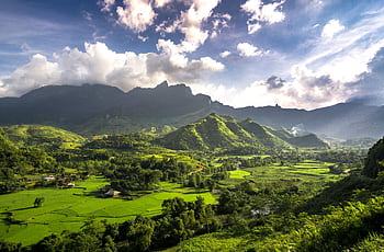 Explore the lush green landscapes and rolling hills of Hà Giang under cloudy skies. HD wallpaper