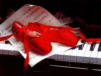 Ballerina red, music, slippers, piano, red HD wallpaper
