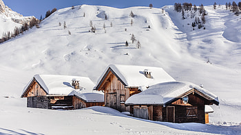 Val di Fassa, Dolomites, Italy, alps, mountains, snow, trees, cabins, rocks HD wallpaper