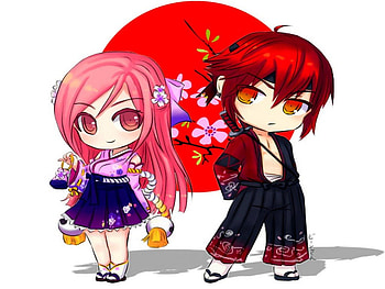 Lucia & Kaz!!! , sweet, kimono, cute, lucia, girl, red hair, pink hair, kaz, chibi, boy, love, game, flowers, pangya, friends HD wallpaper
