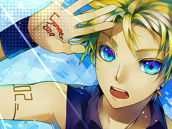 Kagamine Len, blue eyes, blonde hair, vocaloid, male HD wallpaper