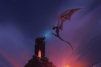 Dragon and warrior, at watch tower, artwork, fantasy HD wallpaper