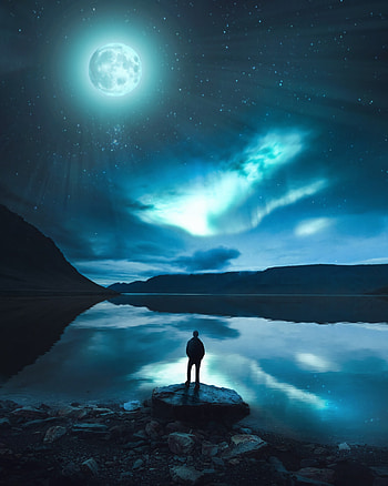 Night, Moon, Lake, Dark, Silhouette, Loneliness, Moonlight HD phone wallpaper