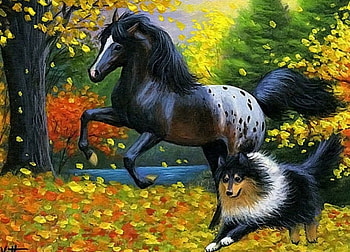 Homerun, dog, artwork, horse, painting, landscape, tree HD wallpaper