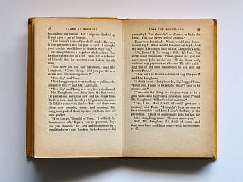 Vintage book opened to pages 76-77, displaying classic literature text in soft lighting. HD wallpaper