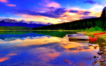 A Colourful Evening at Lake Patricia, Jasper NP, Alberta, boat, clouds, colors, sky, canada, water, sunset, reflections HD wallpaper