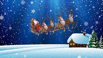 Santa Claus Reindeer Christmas Snow Covered House Trees Snowflakes Blue Background Christmas HD wallpaper