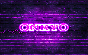 Onkyo violet logo, , violet brickwall, Onkyo logo, brands, Onkyo neon logo, Onkyo HD wallpaper