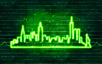 New York green neon silhouette, , green neon lights, New York skyline silhouette, green brickwall, american cities, neon skyline silhouettes, USA, New York silhouette, New York, NYC HD wallpaper