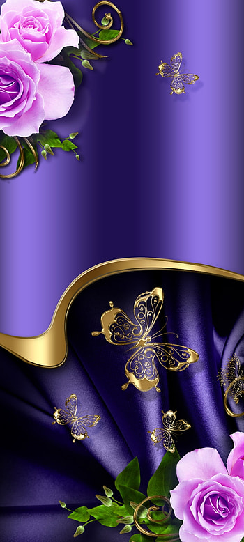 Purple Elegant Silk, gold, art, flowers, light, butterfly, metal, luxury HD phone wallpaper