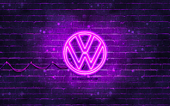 Volkswagen violet logo, blue brickwall, , Volkswagen new logo, cars brands, VW logo, Volkswagen neon logo, Volkswagen 2021 logo, Volkswagen logo, Volkswagen HD wallpaper