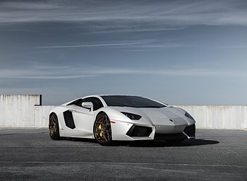 White sports car, Lamborghini Aventador, front HD wallpaper
