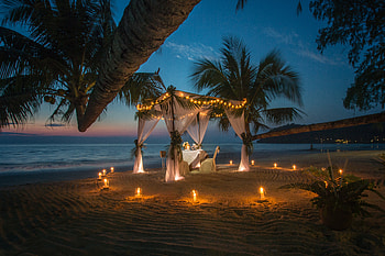 Romantic dinner, Tent, Candles, Palm trees, Sea, Night HD wallpaper