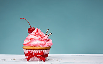 Cupcake, sweet, pink, cherry, dessert, fruit, food, bow HD wallpaper