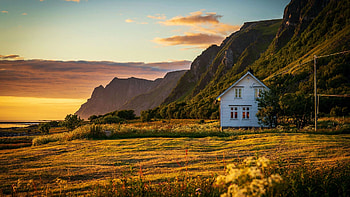 Sunset at Andoeya Island, Norway, mountains, house, landscape, clouds, colors, sky, flowers HD wallpaper