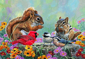 Smorgasbord, cardinal, squirrel, artwork, chickadees, chipmunk, painting, flowers HD wallpaper