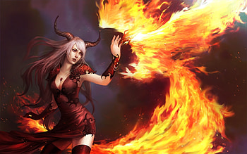 demoness &phoenix, magic, phoenix, horns, fire, woman HD wallpaper