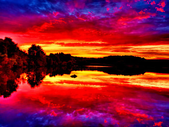 Colors of the sky, colorful, glowing, peaceful, sunrise, reflection, trees, calm, ocean, sunset, sea, sundown, beautiful, purple, mirrored, red, clouds, nature, waters, sky HD wallpaper