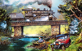 old bridge, fluss, bridge, eisenbahn, cars HD wallpaper