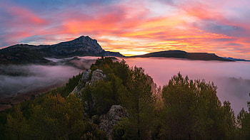 Sainte Victoire sunrise in France, foggy, landscape, colors, clouds, trees, sky, rocks HD wallpaper