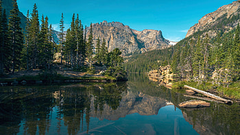 The Loch, Sky Pond Trail, Rocky Mountain National Park, reflections, usa, trees, sky, colorado, water, muntains HD wallpaper