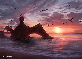Dragons rock, sea, alleff augusto, orange, rock, summer, fantasy, red, dragon, luminos, water, vara, silhouette HD wallpaper