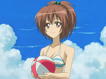 Aoi Nagisa, nagisa, aoi, cute, long hair, beauty, nice, lady, swimsuit, starwberry panic, maiden, cloud, female, sexy, sweet, scene, hot, girl, bikini, beautiful, anime girl, anime, pretty, ball, nagisa aoi, brown hair, sky, lovely HD wallpaper