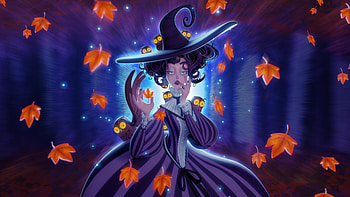 Autumn witch, blue, eyes, girl, orange, owl, witch, halloween, stephanie shima, fantasy, autumn, bufnita, leaf, funny, luminos, toamna, hat HD wallpaper