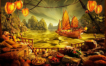 Magical world, boat, lantern, food, 3d HD wallpaper