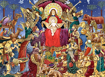 The Nativity F1, cow, doves, occasion, holiday, camel, scenery, painting, sheep, wisemen, shepherds, Christ, December, art, Jesus, beautiful, illustration, angels, artwork, wide screen, Christmas, donkey HD wallpaper